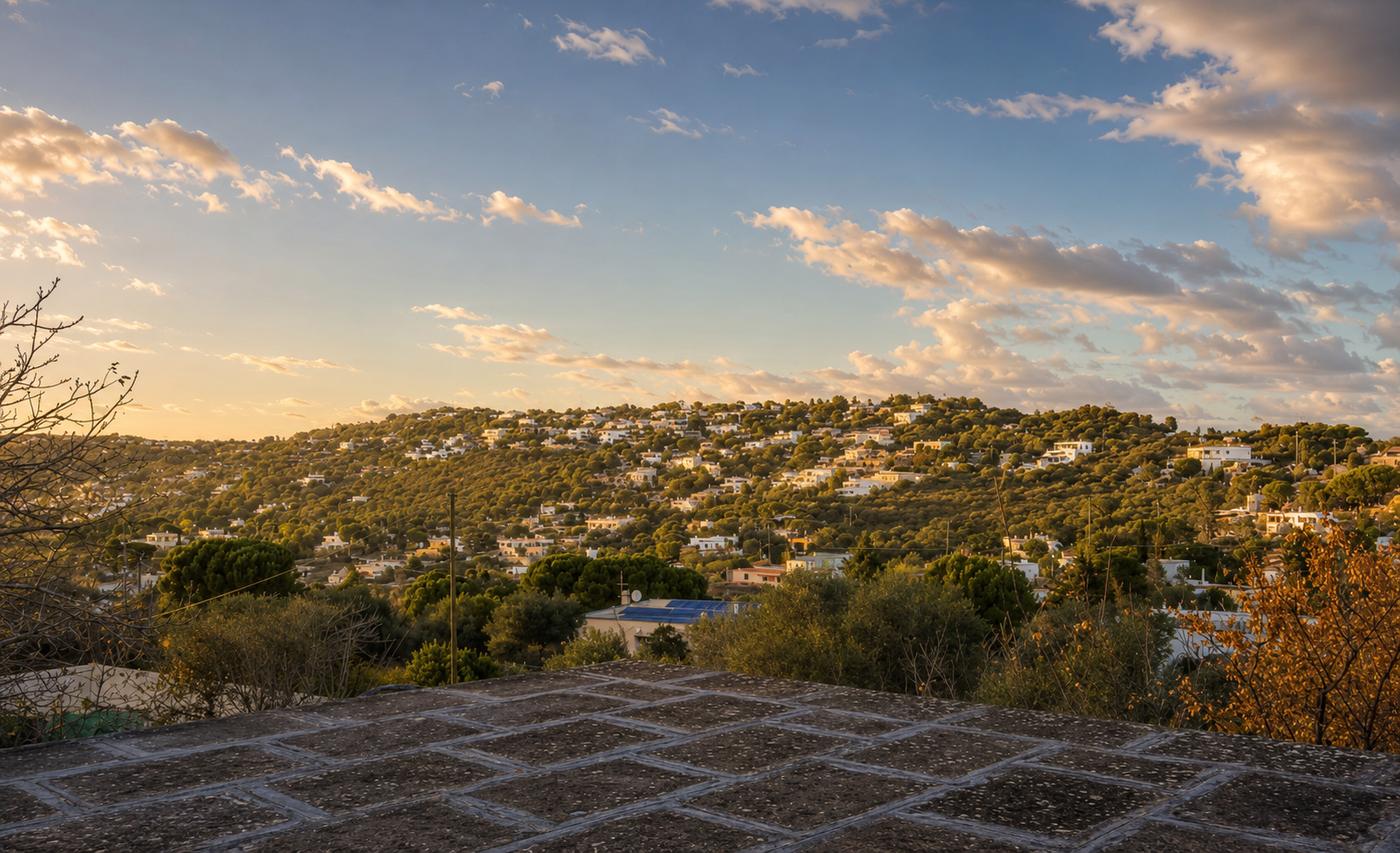 The view from the terrace at sunset: the valley, the olive trees and the white houses of Selva di Fasano on the ridge