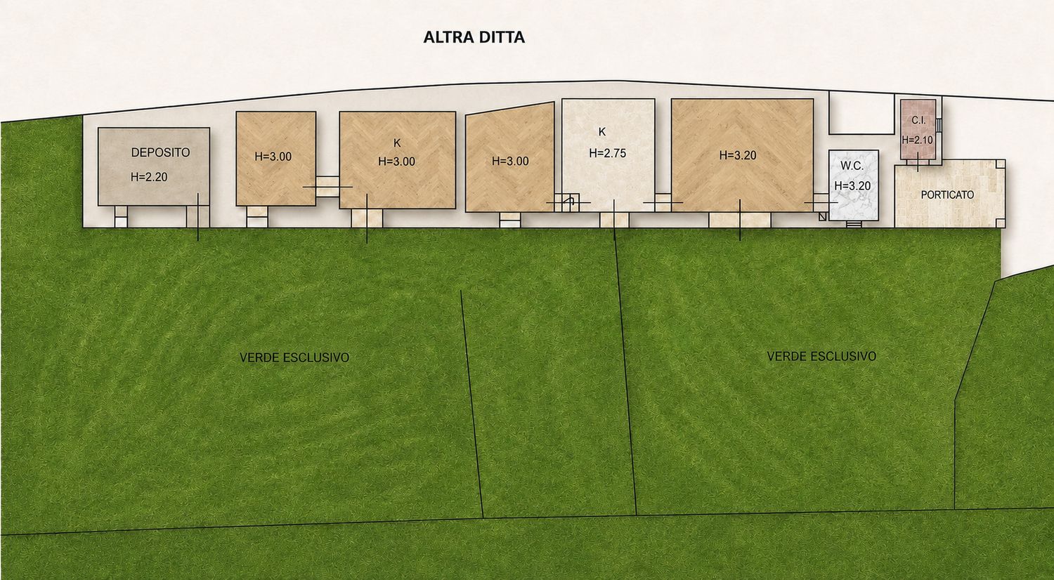 Floor plan of the villa: storeroom, five rooms with ceiling heights from 2.75 to 3.20 metres, WC, boiler room, portico and the two private garden areas